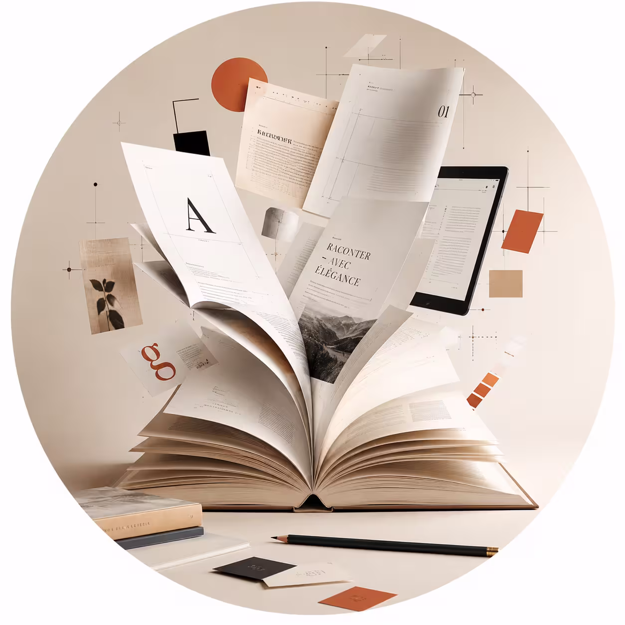 Livre ouvert entouré d’éléments de création graphique